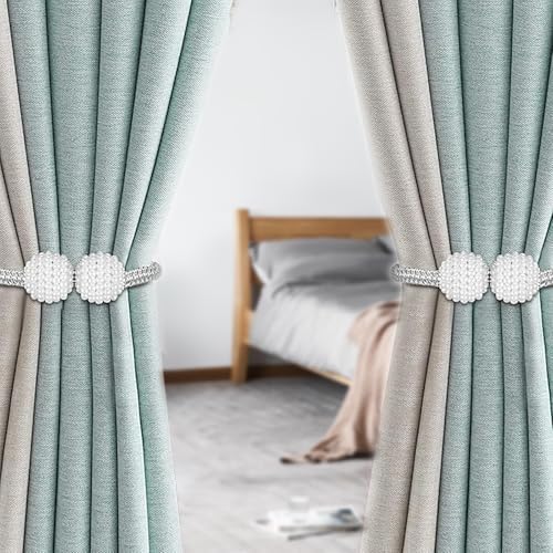 Magnetic Curtain Tiebacks with Pearl Accent, Simple Elegant Curtain Holdbacks for Home Window Drapery(2 Silver)