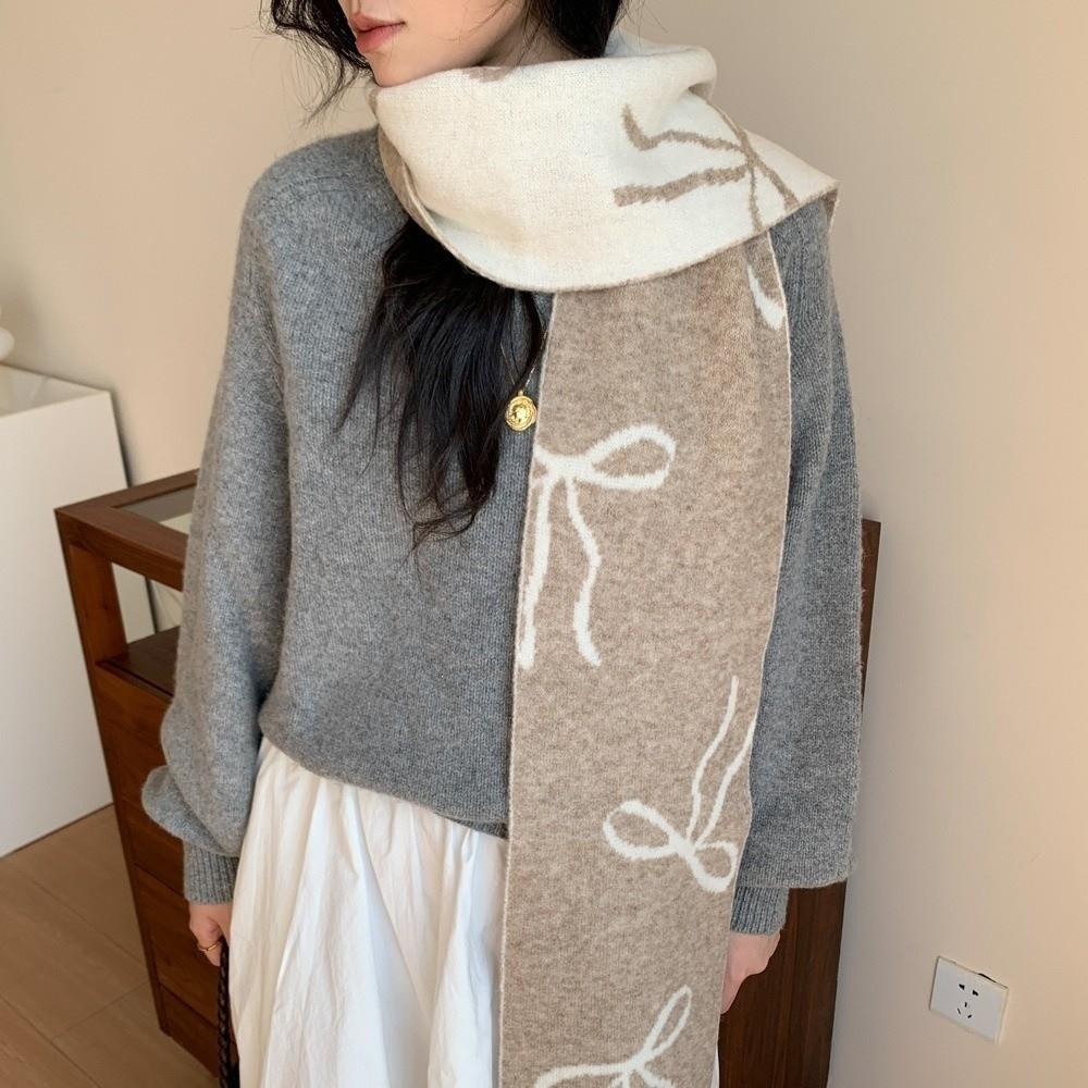 Double-Sided Bowknot Knitted Scarf Thickened Cashmere Scarves New Winter Wool Scarf  Women