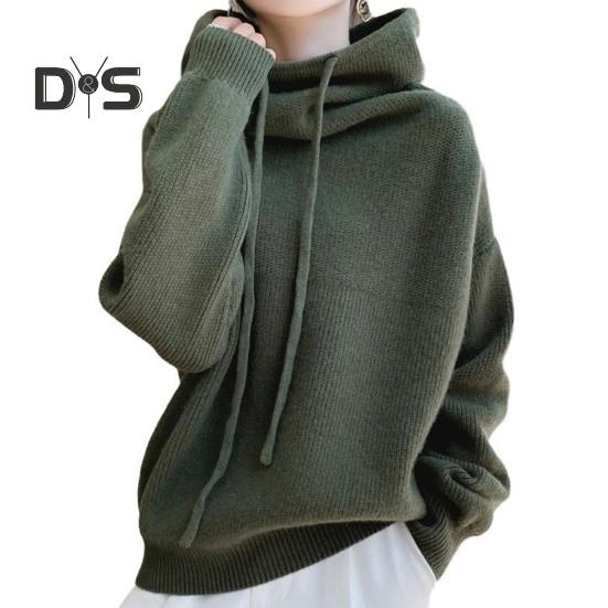 Damegenser Pelskrave Snøring Hette Langermet Strikketopper Ensfarget Casual Løs Passform Strikkeplagg