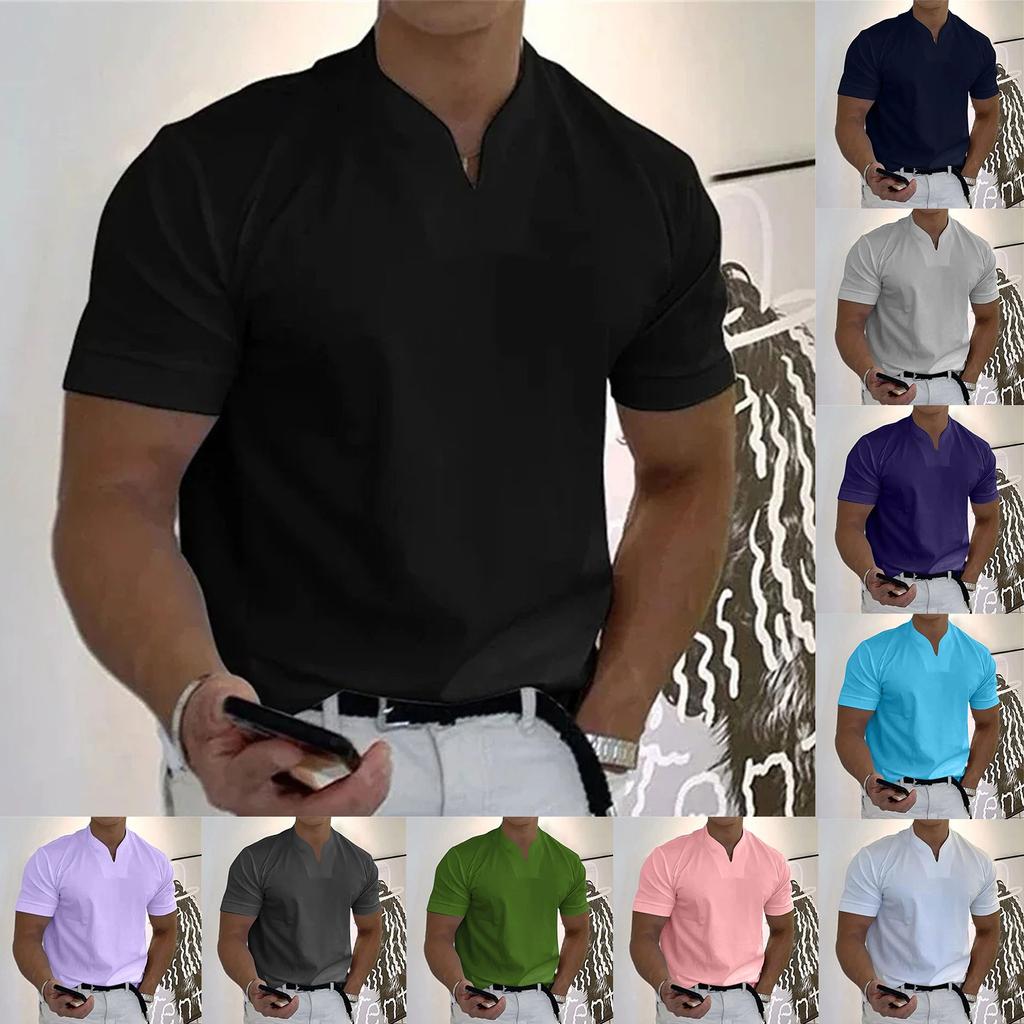 T-Shirt de Fitness décontracté à manches courtes pour hommes, couleur unie, col en V, Business