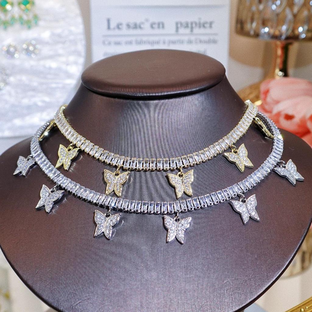 CMM European Wild Choker Fashion Simple Butterfly Shaped Pendant Tassel Necklace Street Hip-Hop Cool Short Inlaid Zircon