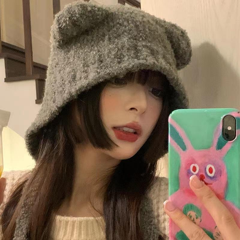 Bear Ear Hat Female Autumn and Winter Japanese Cute Face Small Warm Ear Protection Knitted Hat Korean Version Versatile Wool Hat