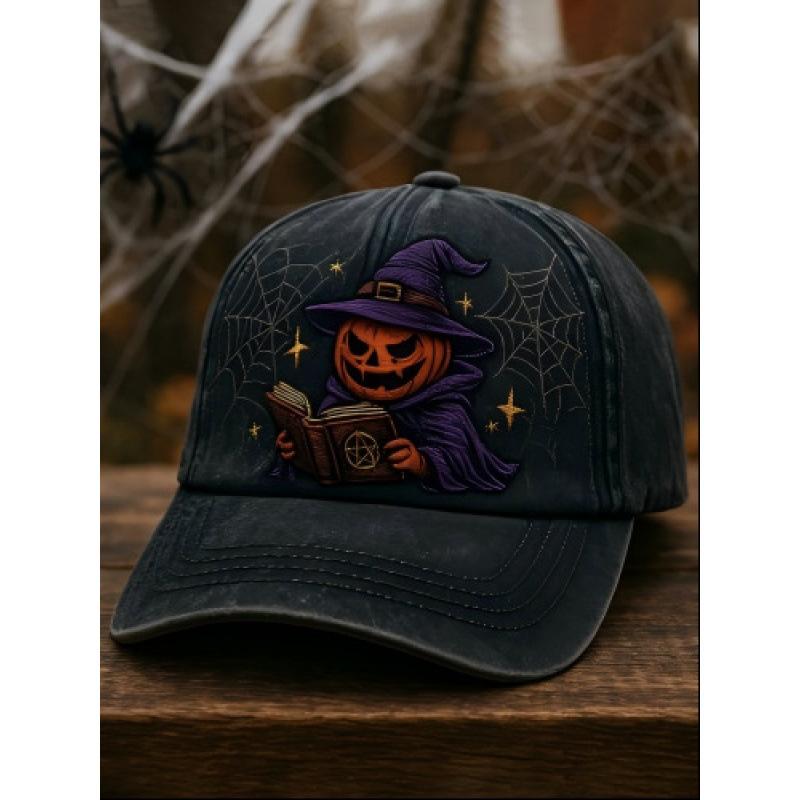 Popular Halloween Pumpkin Spider Digital Printing Baseball Cap, Retro Washed Old Adult Baseball Cap