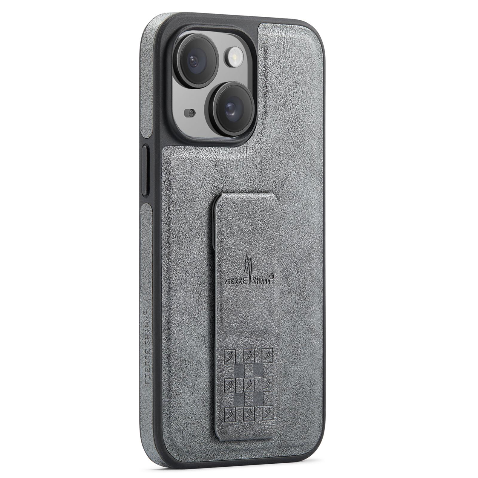

For iPhone 15 Case Kickstand Leather Slim Back Cover Grey