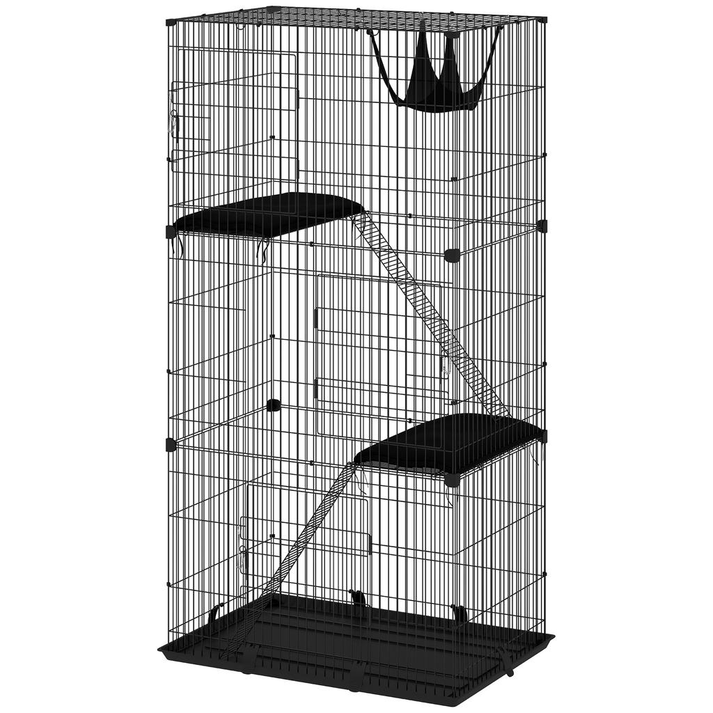 3-Tier Large Cat Cage Indoor, Detachable Metal Wire Kennel with Hammock, Platforms, Tray and Cushions for 1-2 Kittens