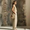 French Retro Khaki Linen Casual Two-piece Set Short Knitted Vest Pocket Wide-leg Pants Lazy Wind Set