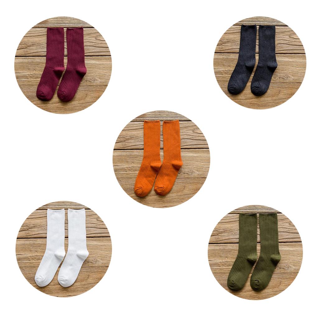 5 Pairs Solid Ribbed Crew Socks Women Mixed Color 4 Seasons Fit Loose Socks Set Daily Basic Sox