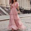 Damen Deep V-Ausschnitt Rüschen Stufen Maxikleid Kurze Ärmel Gefaltete Taille Einfarbige Formelle Robe