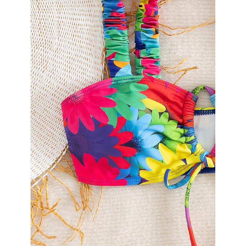 Sexy Tie Dye Flower Print Bikini Set Women Drawstring Pleate Push Up Bra Thong Swimsuit Bathing Suit Swimwear