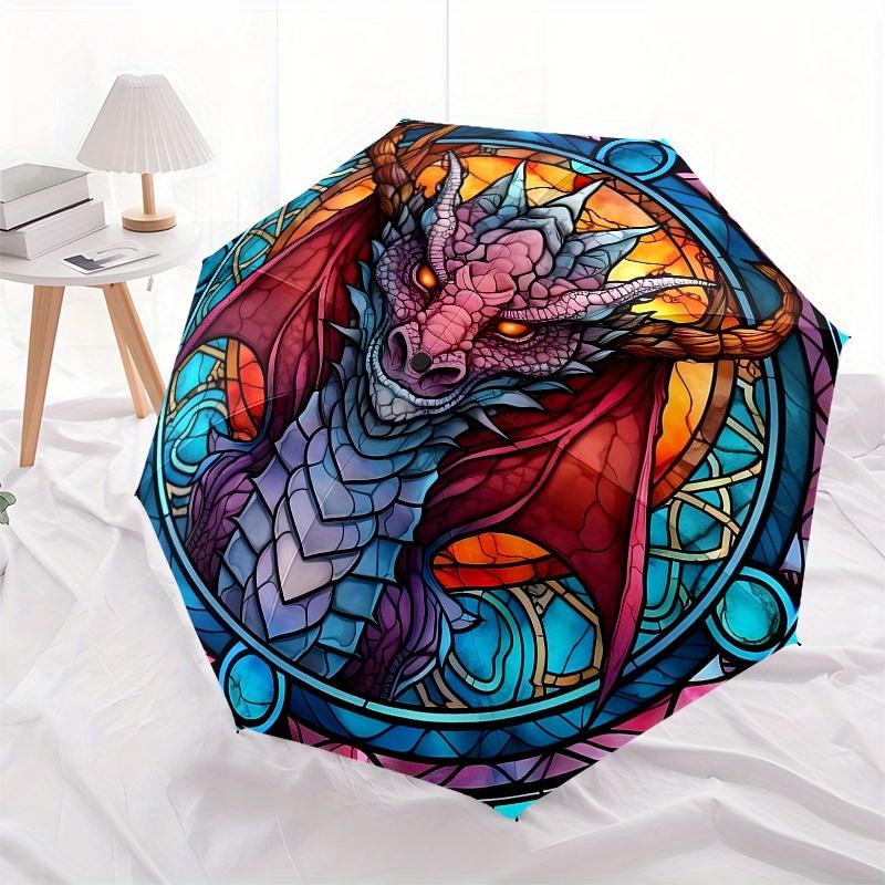Stained Dragon Window Panel: Colorful Fantasy Art DécorUmbrella, Portable 3-Fold Compact Umbrella,Christmas Gift ES473