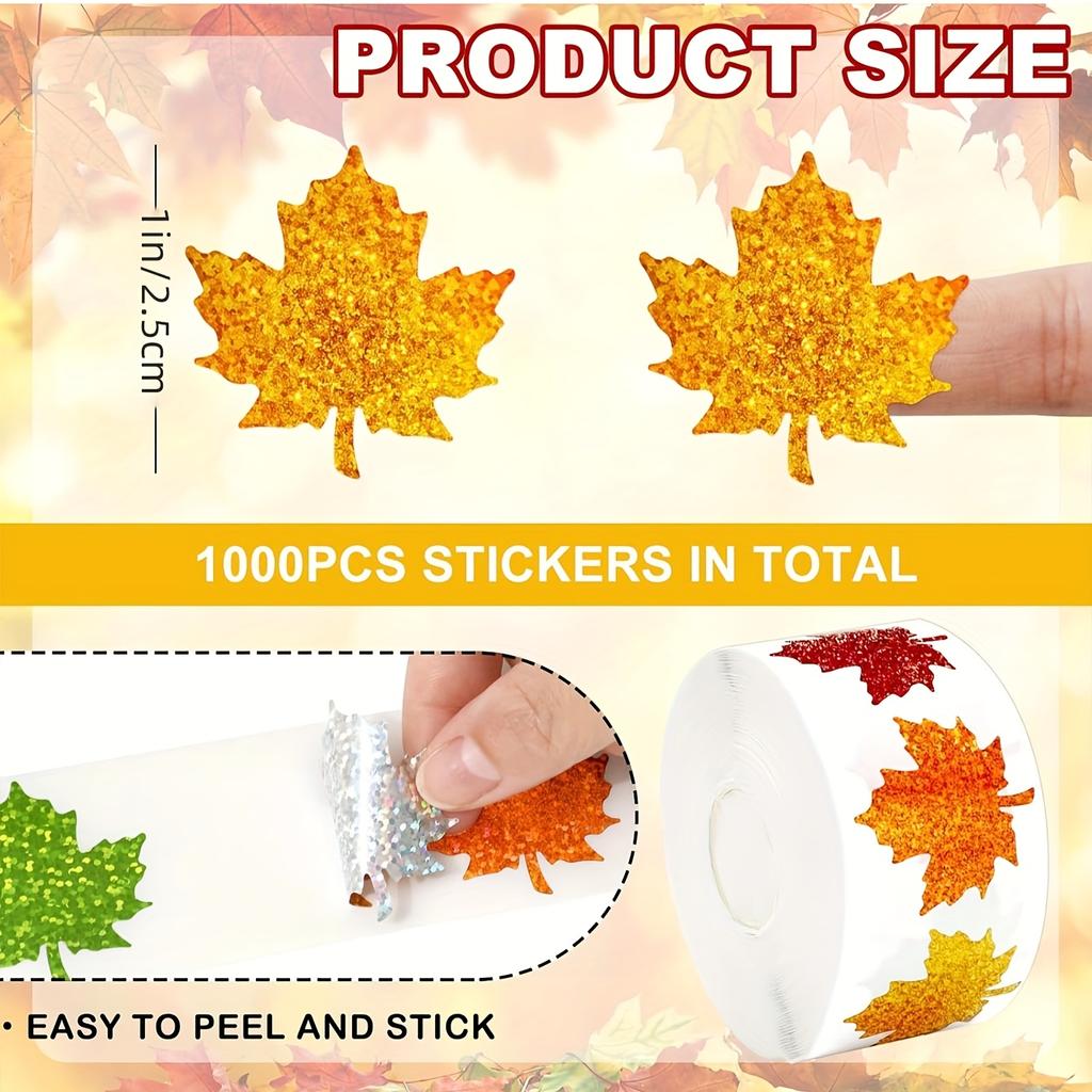 500pcs/1roll Holographic Laser Maple Leaf Stickers Autumn Decoration Thanksgiving Festive Party Labels Scrapbook DIY Decorations