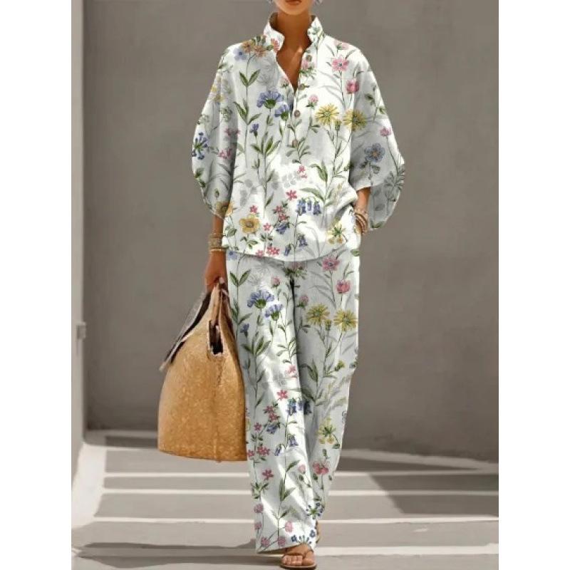 European and American Vintage Heavy Industry Floral Print Two-piece Set: Stand-collar Polo Shirt + Wide-leg Pants Loose Casual Vacation Set