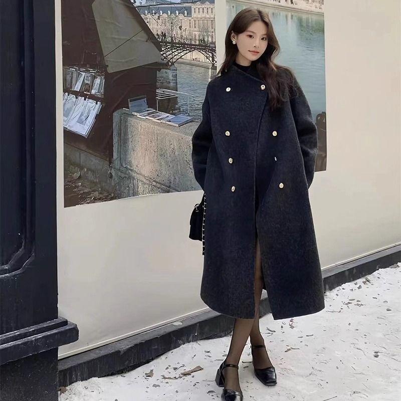 Women Grey Stand Collar Autumn Winter Loose Wool Coat with Double Buttons Clothes
