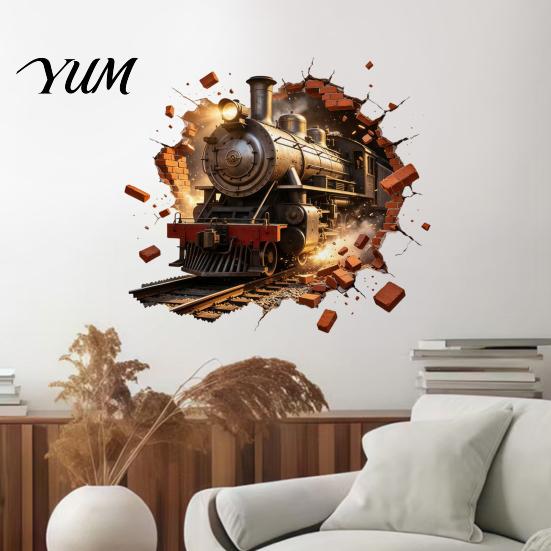Large Peel Stick Wall Decor 3D Retro Train Sticker, Break Through Decal, and Art Decorative Stickers for Study Room Mural Kids Bedroom Living Playroom
