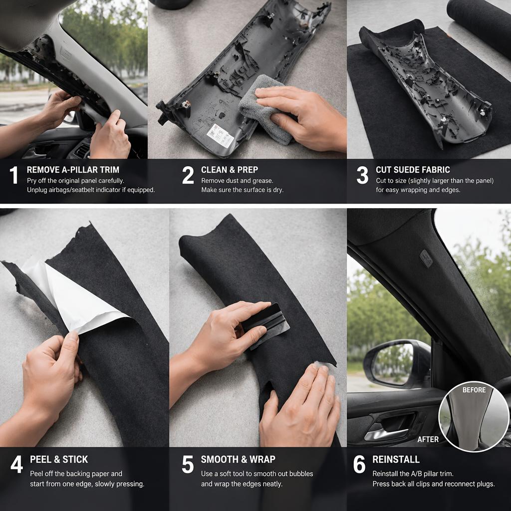 Samolepiaci rolka zo semišovej kože, Obal na interiér auta na opravu stĺpikov A/B, Opotrebeniu odolná látka na čalúnenie automobilov, Samolepka na DIY lem