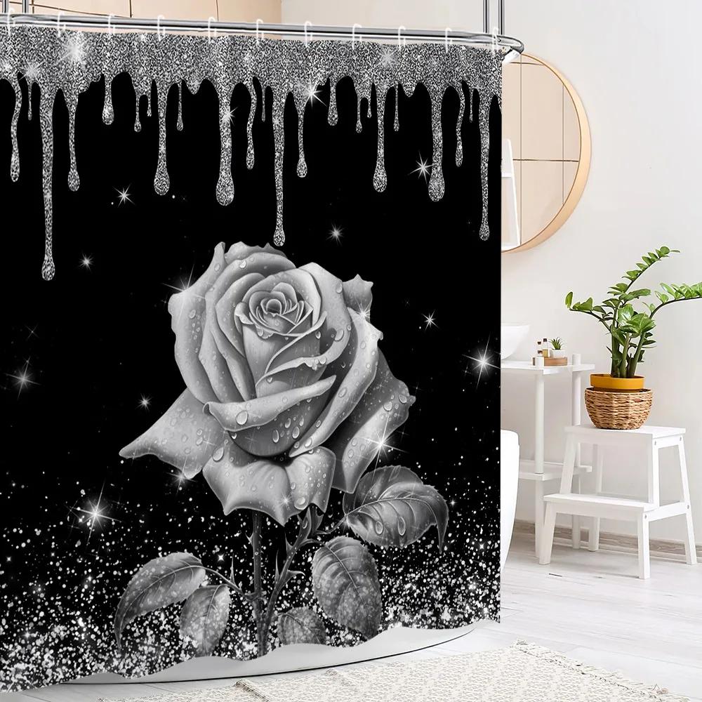 Pink Glitter Rose Shower Curtain and Rug Bathroom Set Floral Pink Glitter Shower Curtains Bath Mat Bathroom Decor with Hooks