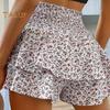 Summer Women Shorts Multi-layered Floral Print Shirring Ruffle Patchwork Elastic High Waist Wide Waistband Drawstring A-line Fake Skirt Lady Mini