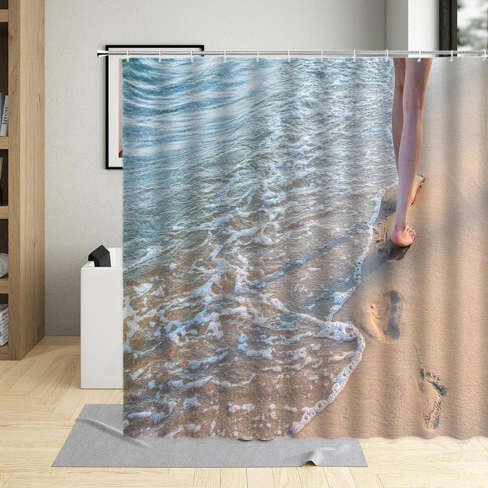 

Summer Seaside Shower Curtain Sea Beach Shell Bathroom Decor Palm Tree Ocean Scenery Curtains With Hook Waterproof Wall Covering 90x180cm-35x70in