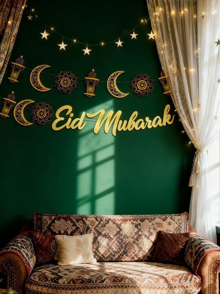 1pc Eid Mubarak Wall Hanging Golden Moon Lantern Floral Pattern Banner Festive Home Decor for Ramadan &Eid Party Decoration Gift