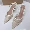 Fashion Woman Designer Mesh Open Heel Sandals Shoes Fashion Print Pointed End Women High-heel Pumps Sexy Stiletto Lady Mules