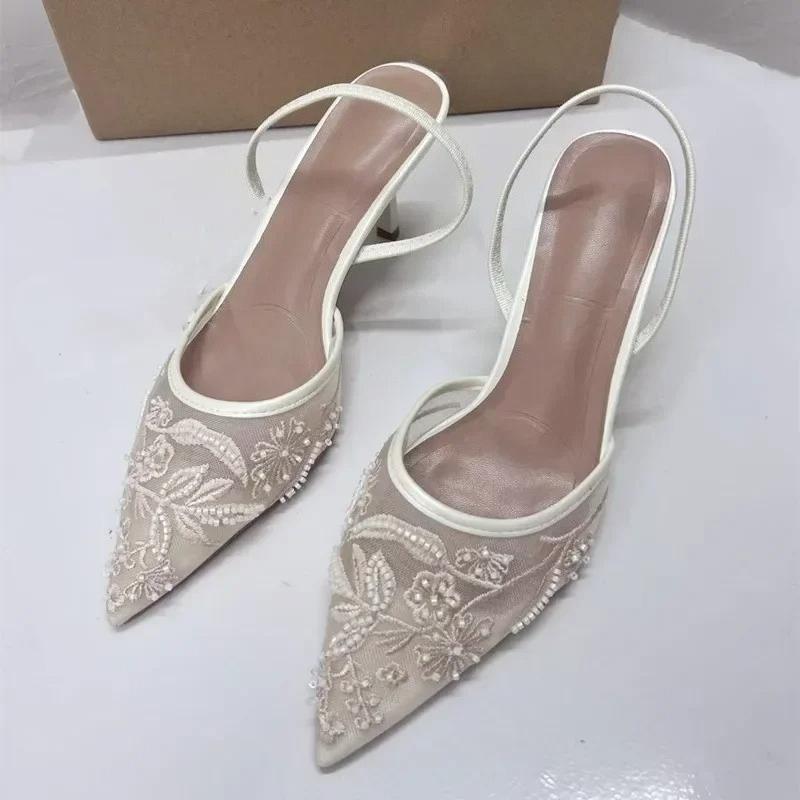 Fashion Woman Designer Mesh Open Heel Sandals Shoes Fashion Print Pointed End Women High-heel Pumps Sexy Stiletto Lady Mules