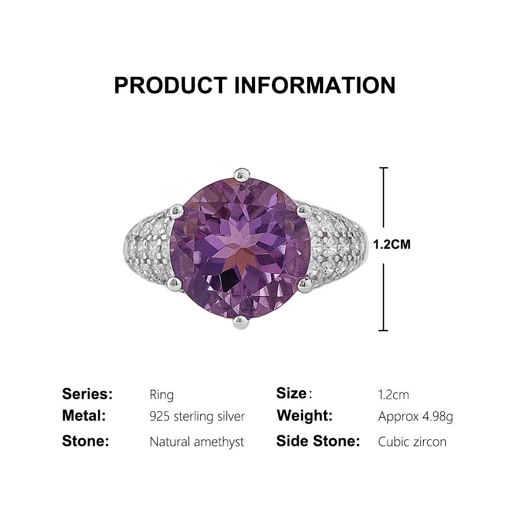 925 Sterling Silver Women's solitaire Ring Big Natural round 12.0mm Amethyst simple design Fine Jewelry for birthday party gifts