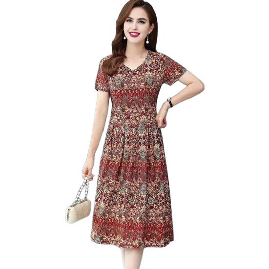Vintage Floral Print Midi Dress for Women Short Sleeve Smocked Waist A-Line Dress Summer V Neck Swing Sundress