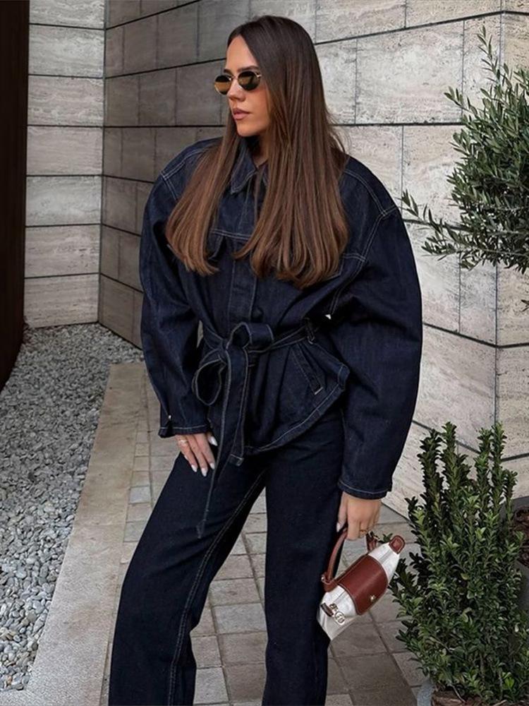 Spring/Autumn 2025 Retro Denim Jacket & Tie-Waist Trousers Set for Women