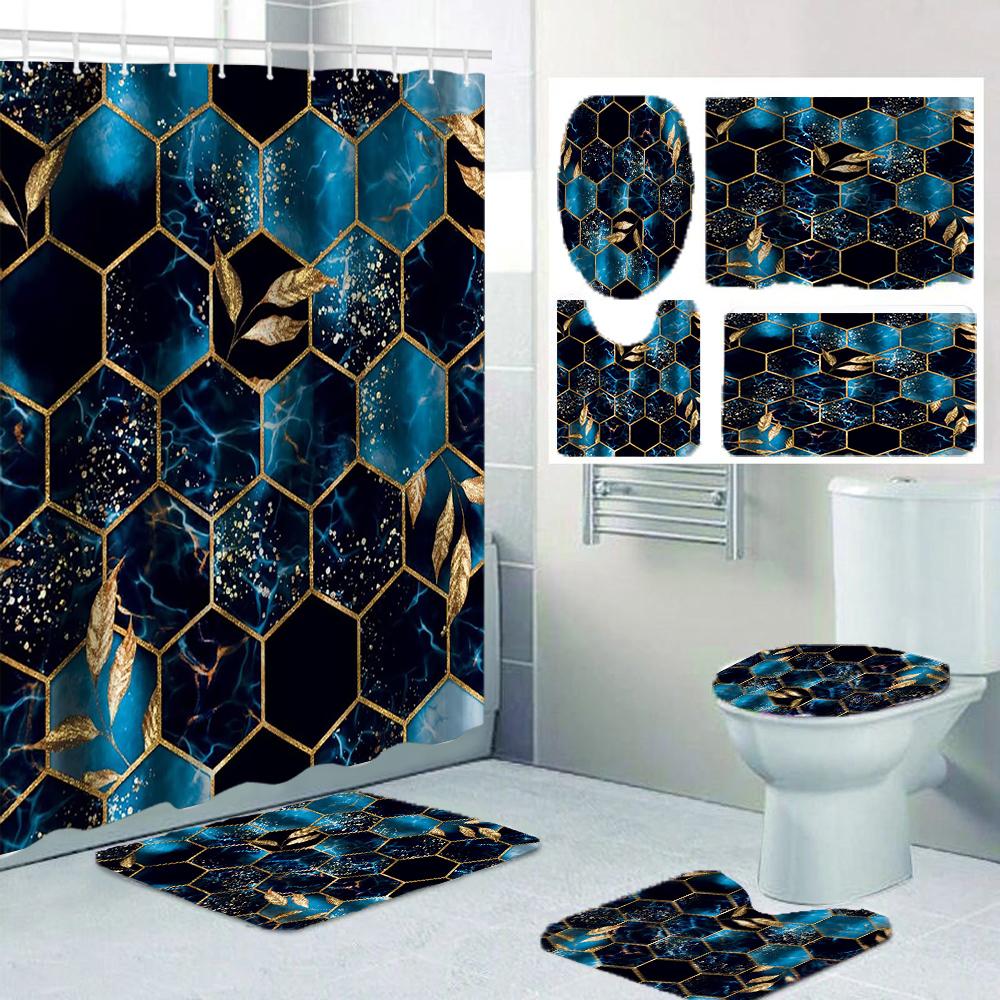 1/4 Geometriskt rutnät duschdraperier, Toalettsitsdekoration, Duschdraperi med matta och toalettlock, 12 70.8x70.8 tum krokar