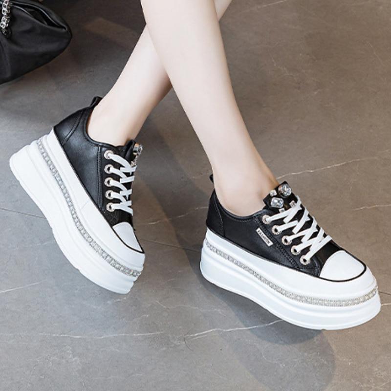 Fujin 7cm prawdziwej skóry damskie wulkanizowane jesienno-zimowe ukryte obcasy damskie Casual Bling grube trampki platformy buty na koturnie