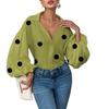 Women's Polka Dot V Neck Oversized Blouse Puff Long Sleeve Loose Shirt