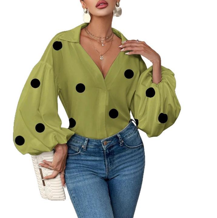 Women's Polka Dot V Neck Oversized Blouse Puff Long Sleeve Loose Shirt