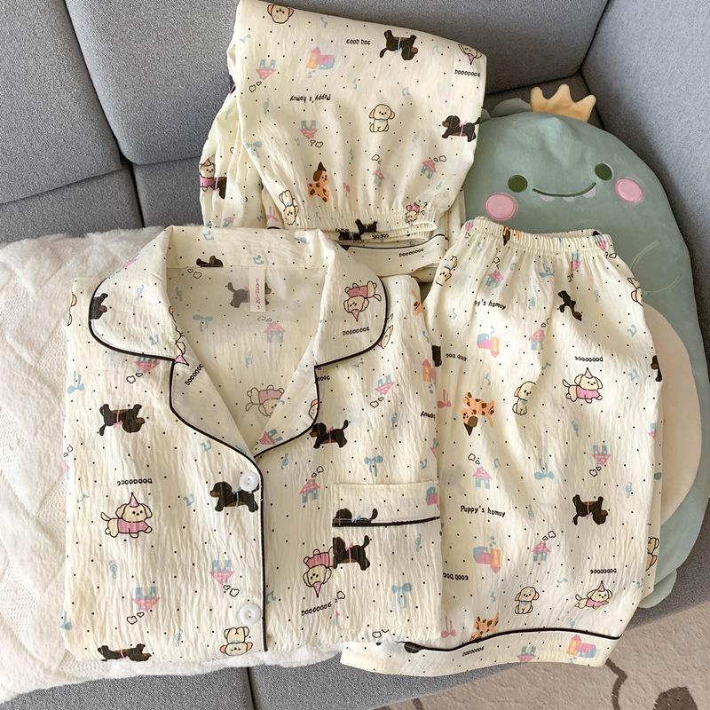 Blue Bear Women's Summer Cotton Pajama Set - Short-Sleeved, Cute Cartoon Design, Three-Piece Loungewear.