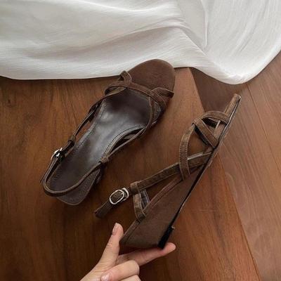Fashion Summer 2025 Niche Design Simple Open Toe Round Toe Crossover Belt Wedge Sandals Women's Versatile Roman Sandals