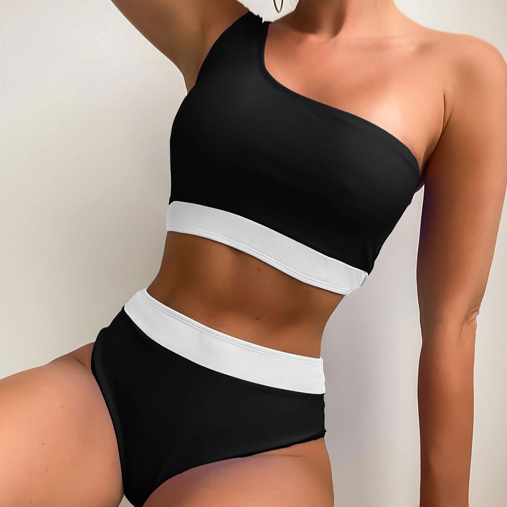Women's Swimsuit Colorblock One Shoulder High Waist Sexy Bikini Set Brazilian Beachwear Bathing Suits