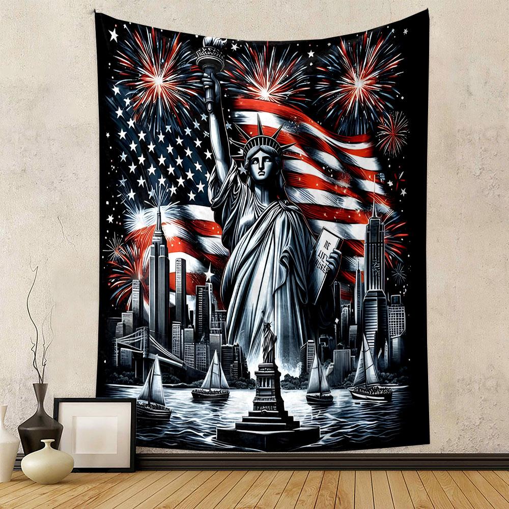 Statue of Liberty with Fireworks Scene Patterned Tapestry Decorative Wall Hanging, Home Bedroom Living Room Decor