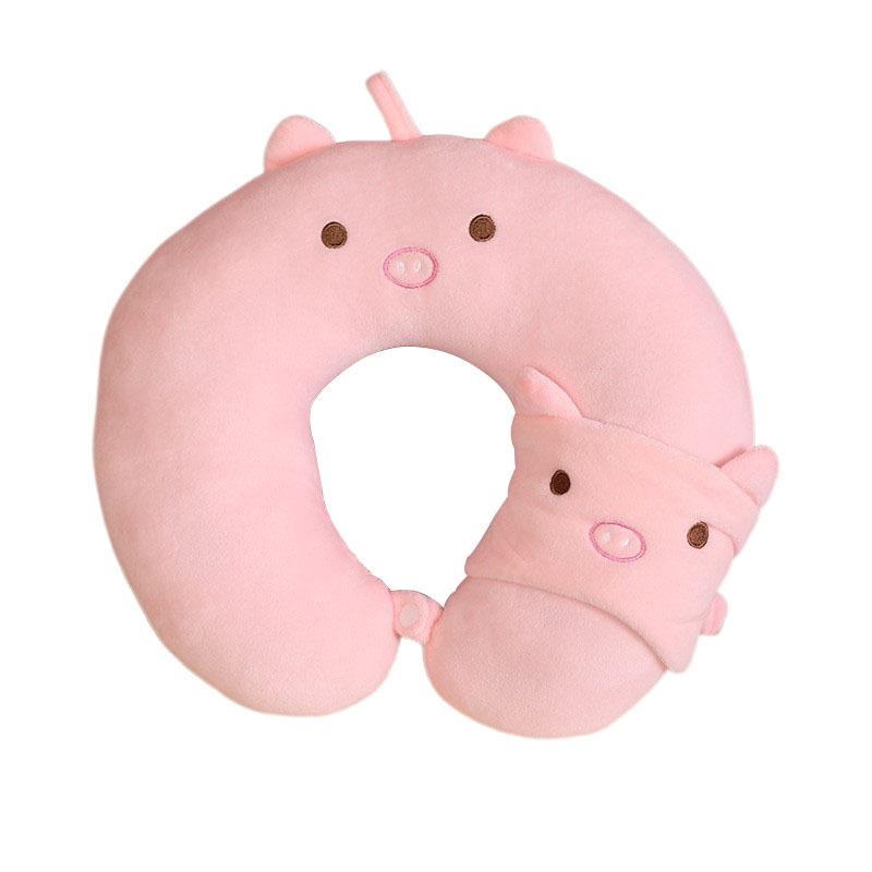 Cartoon Animal U-shaped Pillow Neck Pillow Travel Bag Travel Creative Simple U-shaped Pillow with Eye Mask розовый