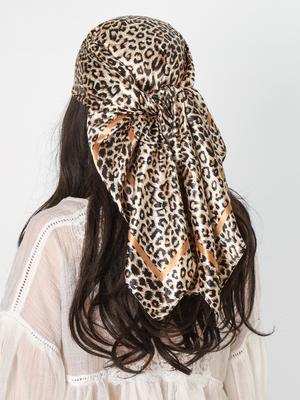 Leopardenmuster 90er Quadratisches Tuch Satin Seide Stirnband Muslimische Frau Hijabs Schals Glattes Weiches Haartuch Islimischer Turban Bandana