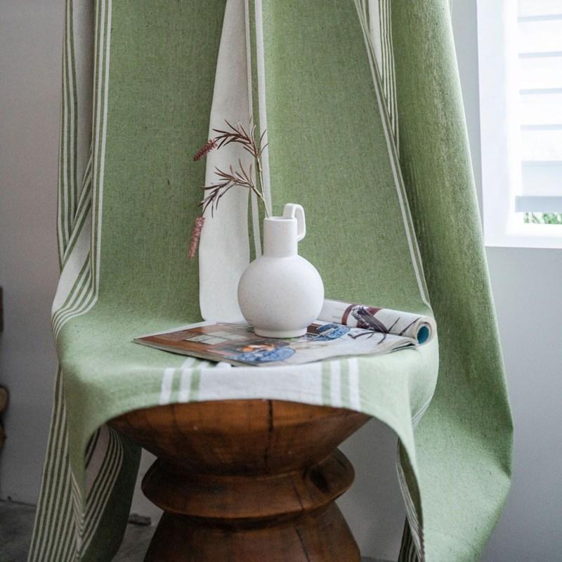 American Cotton Linen Stripe Thick Blackout Home Window Curtains with Tassel Bedroom Kitchen Drapes Living Room Shading Curtain