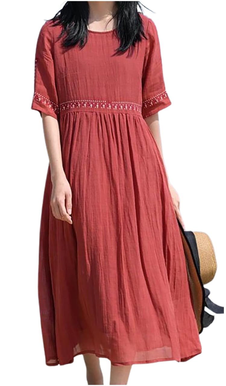 

Чунач Круглый Короткий Азиатский Курорт Большой Свободный Для Беременных Легкий в Движении Элегантное Вышитое Льноподобное Платье, Шея, Вышитый, Рукав, Стиль, Платье,