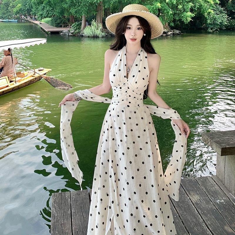 Polka Dot Printing Neck Dress Women's Summer Beautiful Unique Beautiful Vacation Temperament Waist Dress