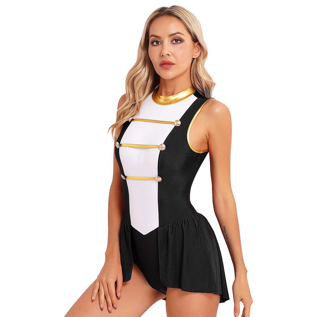 Ringmaster Performance Costume Womens Sleeveless Leotard Dress Halloween Cosplay Party Bodysuit