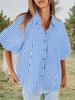 Blusa de Mujer Rayada con Mangas Abullonadas, Cuello en V, Cuello Camisero, Botones, Top Holgado