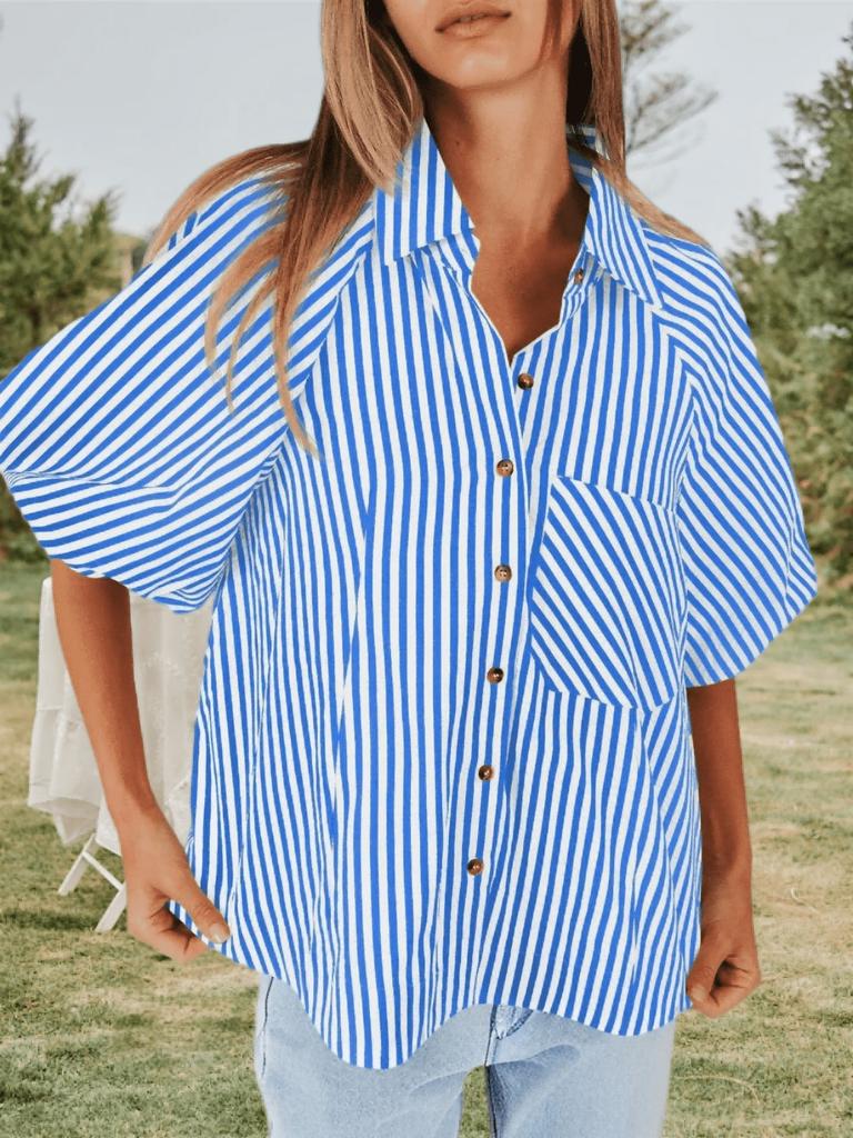 Blusa de Mujer Rayada con Mangas Abullonadas, Cuello en V, Cuello Camisero, Botones, Top Holgado