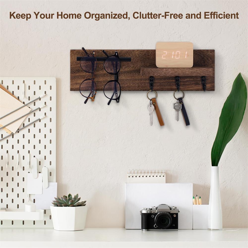 Dřevěný držák na klíče na zeď Dekorativní vstupní police s háčky Pojme klíče Vodítko pro psa Sluneční brýle Věšák na klíče se 3 háčky Organizuje