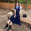 New academic style splicing fake two-piece short-sleeved dress for female students Korean version waist versatile over knee a-word skirt