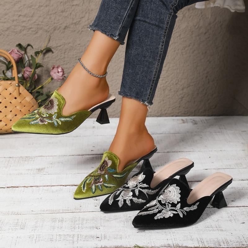 Fashion Satin Embroidered Flower Stiletou Slippers Autumn New Pointed Toe Deep Mouth Slip-on Non-Slip Heels