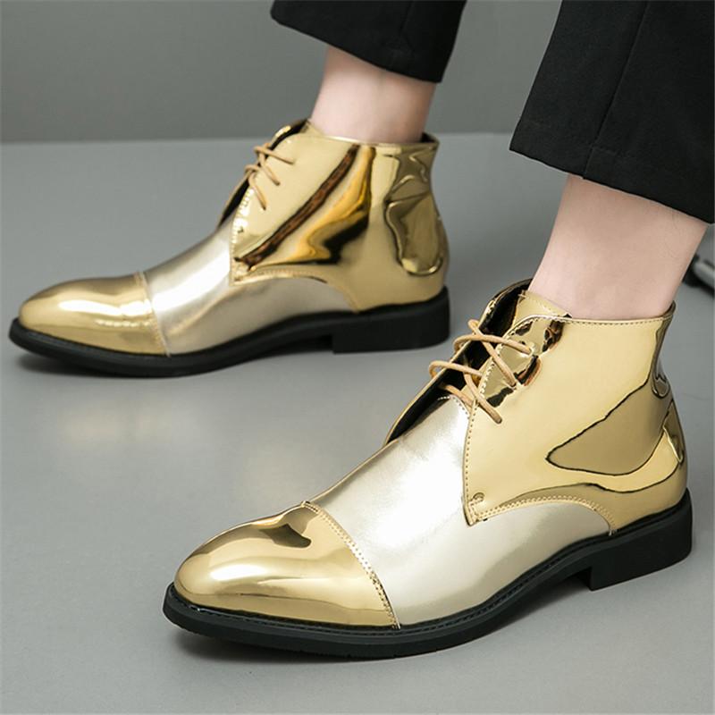 Projektant Nowy Męski Urok Złoty Patchwork Sukienka Skórzane Sznurowane Buty Dla Mężczyzn Luksusowy Dżentelmen Botki Do Kostki Ślubne Balowe Obuwie