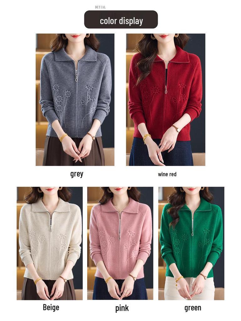 Women's Short Cardigan Sweater - 2025 Spring/Autumn Fashion, Loose Knitted Zipper Jacket for Moms