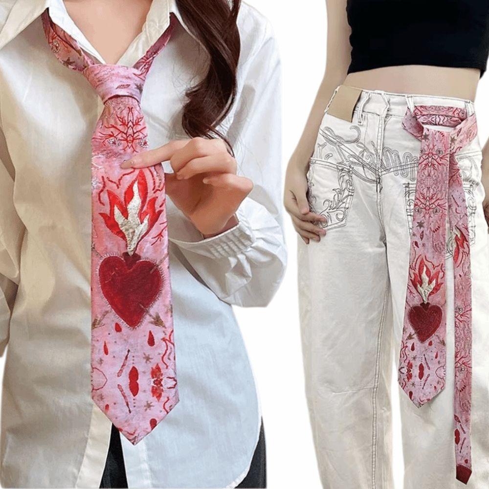 Y2K Romantic Neck Scarf Vintage Women's Neck Tie Unique Heart Flame Tie  Fashion Accessory